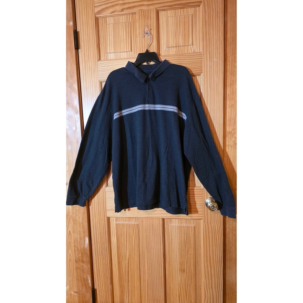 Van Heusen Mens XXL Long Sleeve Polo Shirt Gray Striped Cotton Blend Casual